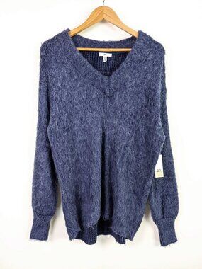 BP Nordstrom Fuzzy Eyelash Knit V-Neck Slouchy Oversized Sweater Blue XS NWT